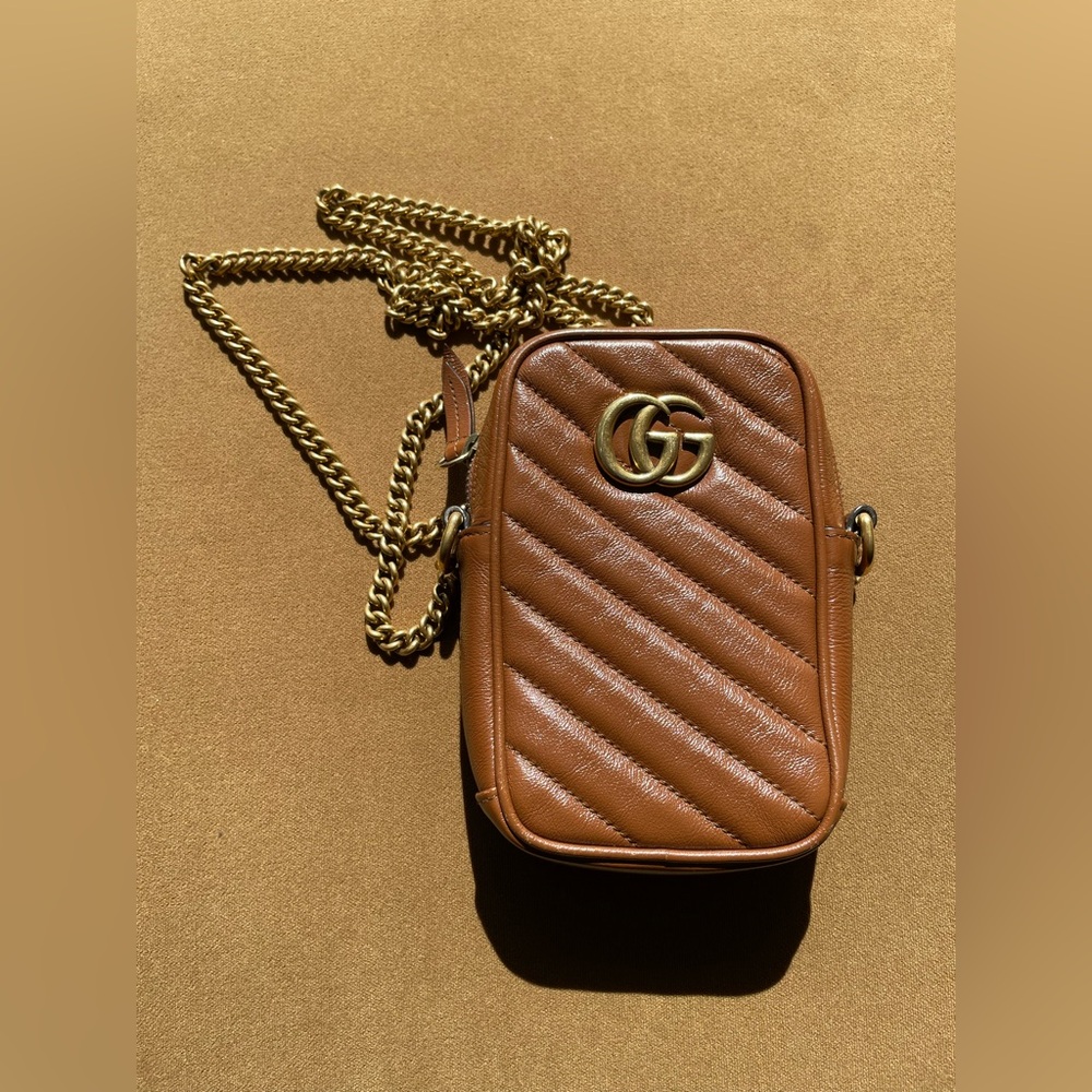 Gucci Brown Marmont Chevron Leather Crossbody Bag with Gold Chain